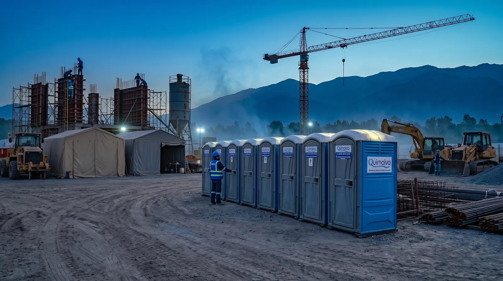 Fila de baños químicos Quimalva en una obra en construcción al anochecer